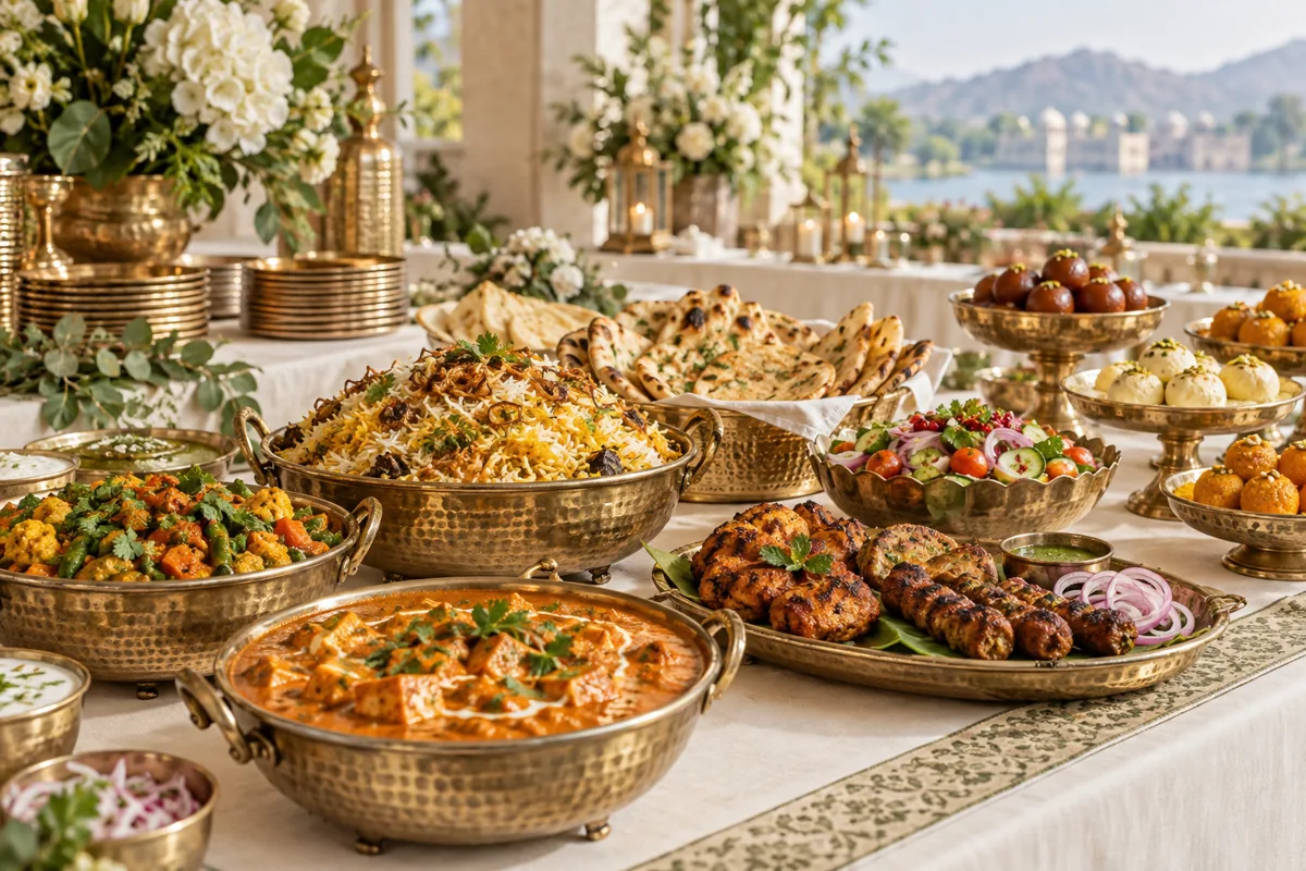 Indian catering banquet with curries, breads, biryani and accompaniments